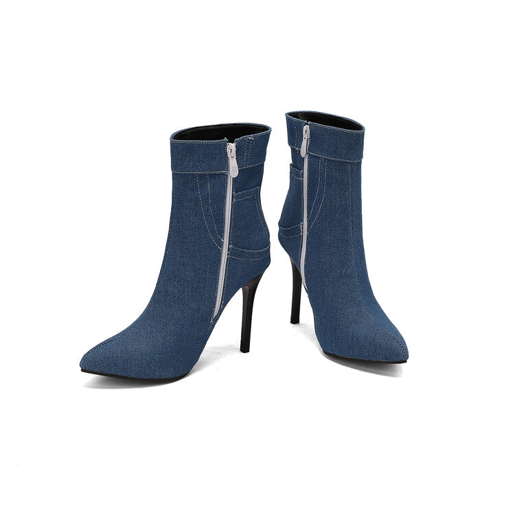 Women's Patchwork Pointed Toe Thin Heel Short Boots