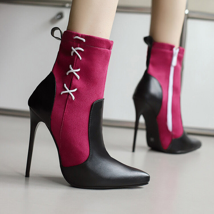 Women's Patchwork Pointed Toe Thin Heel Short Boots