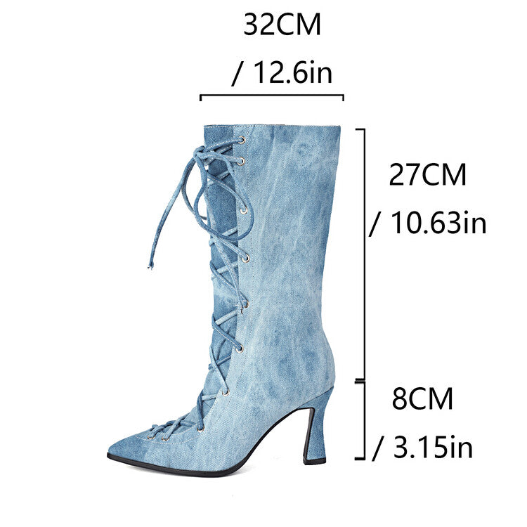 Women's Denim Cross Straps High Heel Mid Calf Boots
