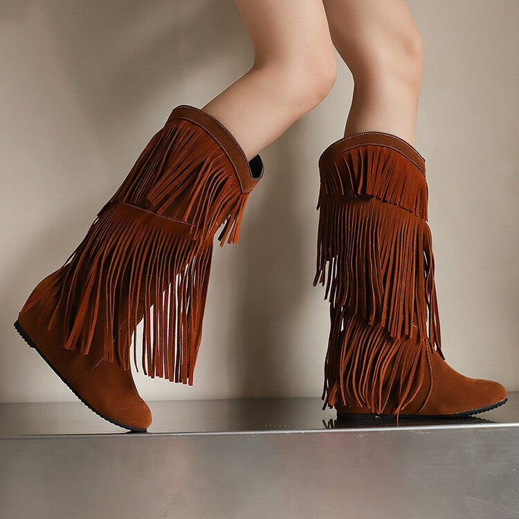 Women's Tassel Round Toe Wedge Heel Mid Calf Boots