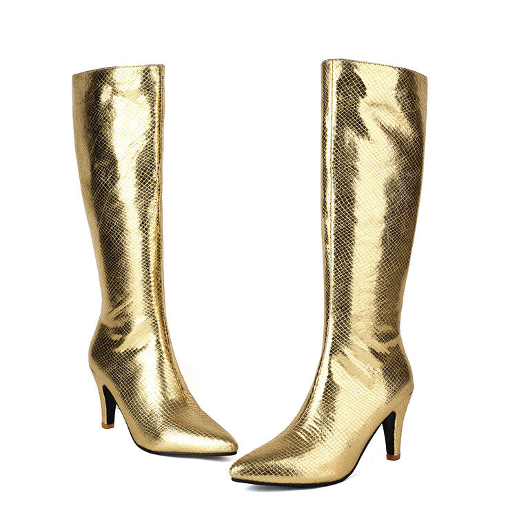 Women's Bling Pointed Toe Spike Heel Knee High Boots