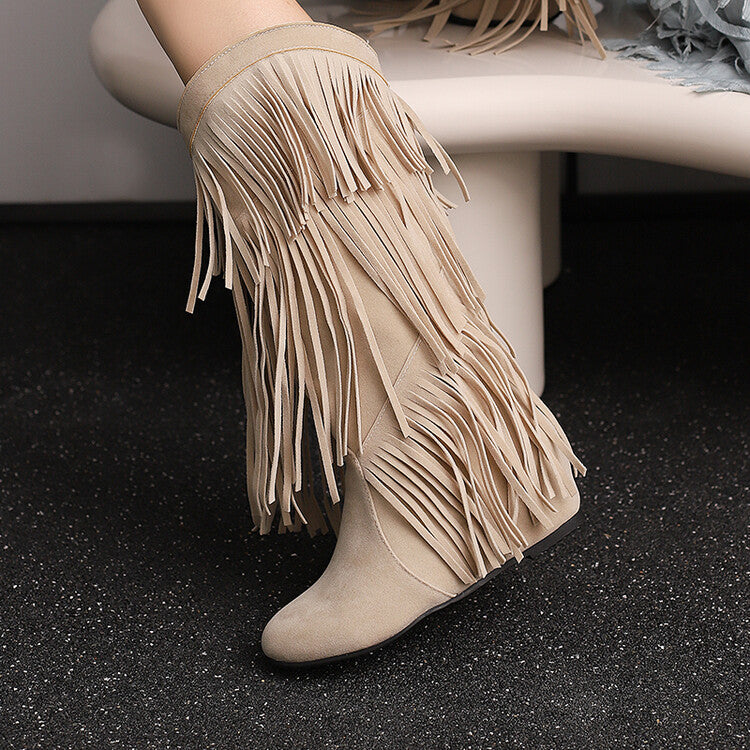 Women's Tassel Round Toe Wedge Heel Mid Calf Boots