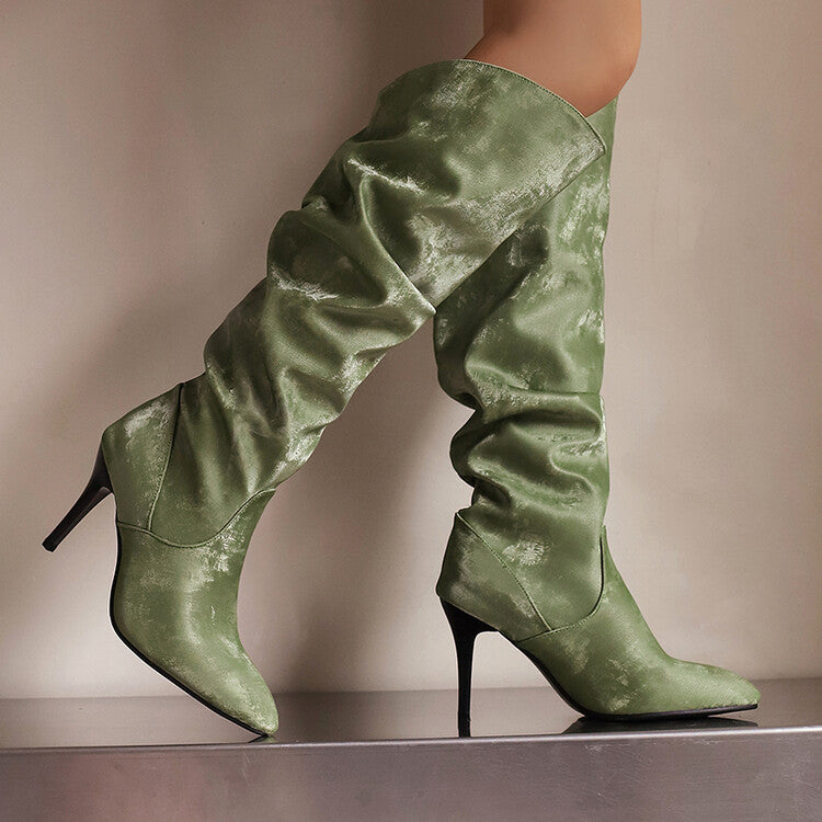 Women's Pleated Pointed Toe Thin Heel Knee High Boots