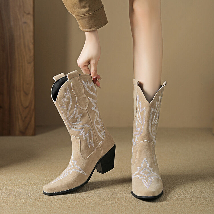 Women's Embroider Square Toe Block Heel Mid Calf Western Boots