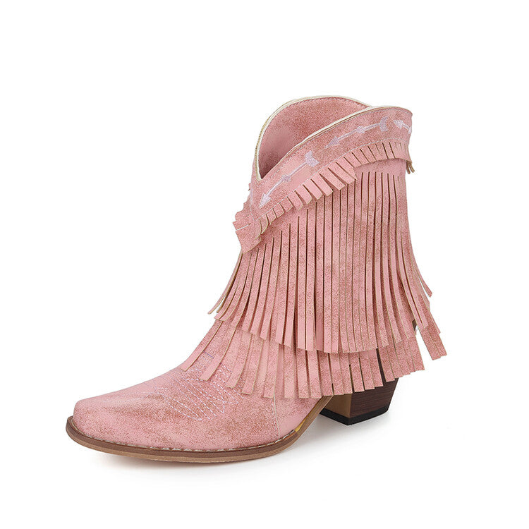 Women's Patchwork Tassel Square Toe Block Heel Short Western Boots