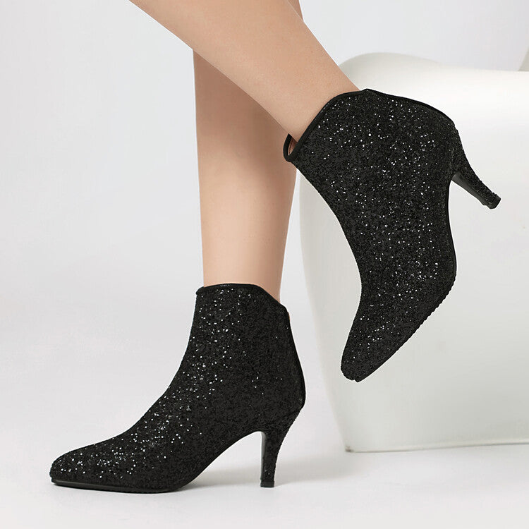 Women's Glossy Sequins Pointed Toe Spike Heel Ankle Boots