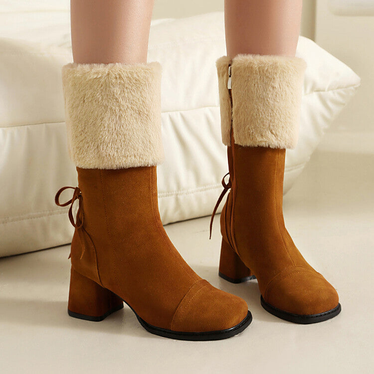 Women's Patchwork Square Toe Block Heel Plush Mid Calf Boots