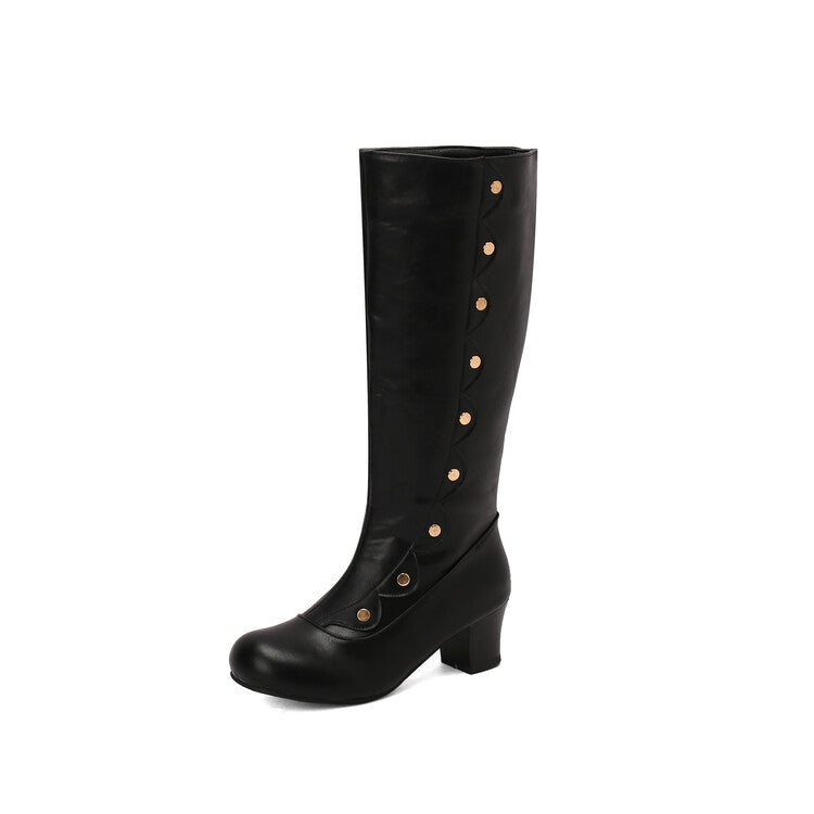 Women's Ruffles Rivets Round Toe Block Heel Knee High Boots