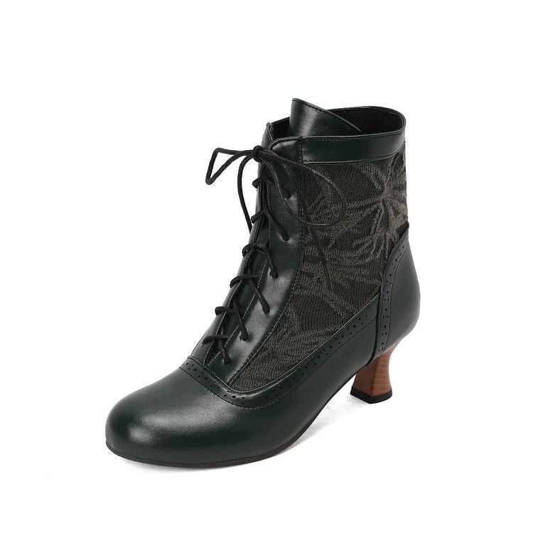 Women's Embroider Lace-Up Round Toe Hoof Heel Ankle Boots