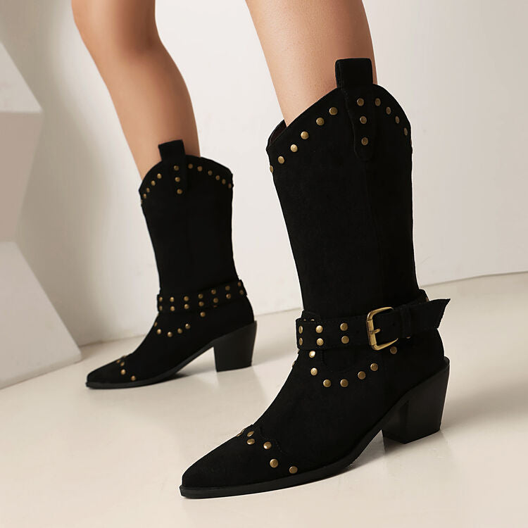 Women's Rivets Pointed Toe Square Heel Mid Calf Western Boots