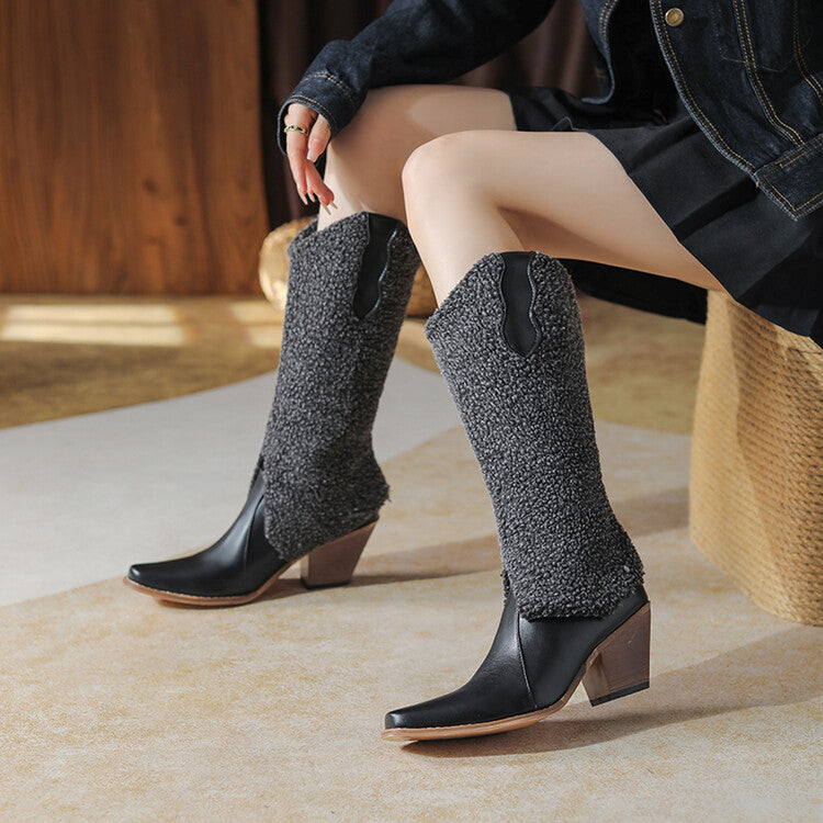 Women'S Fluff Square Toe Block Heel Knee High Western Boots