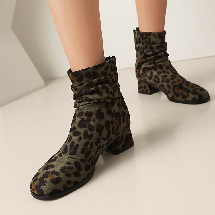 Women'S Leopard Print Round Toe Block Heel Ankle Boots