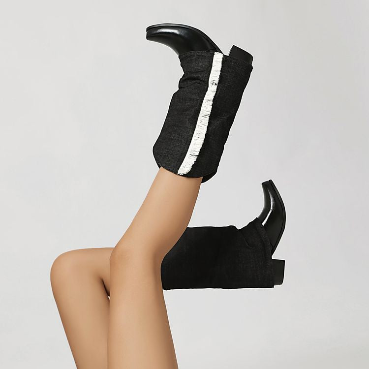 Women's  Patchwork Tassel Pointed Toe Square Heel  Western Boots