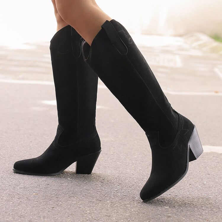 Women's Embroider Pointed Toe Block Heel Knee High Western Boots