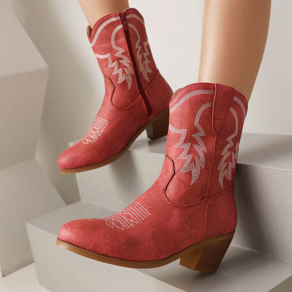 Women's Embroider Round Toe Block Heel Western Boots