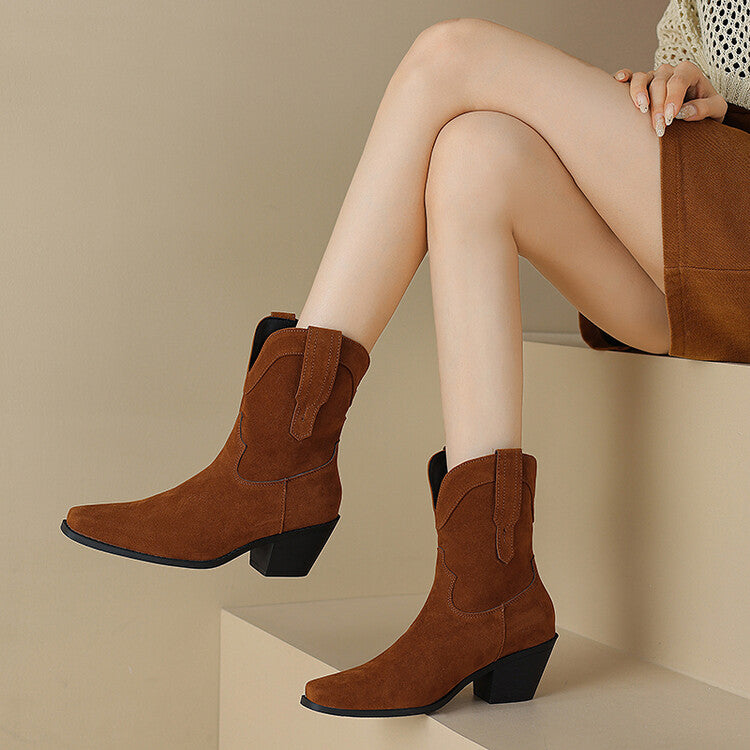 Women's Square Toe Block Heel Mid Calf Western Boots