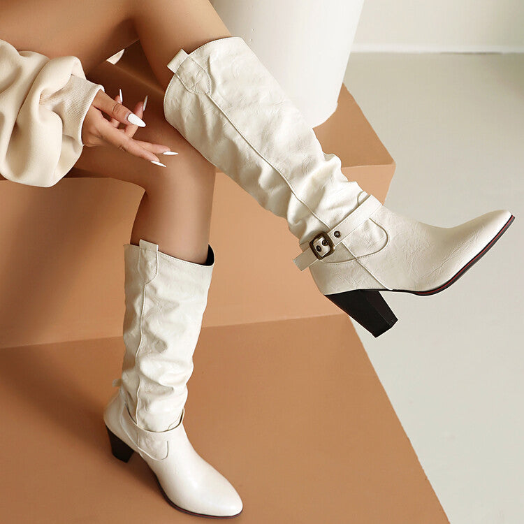 Women's Buckle Strap Pointed Toe Block Heel Knee High Western Boots