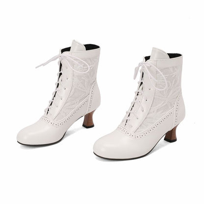 Women's Embroider Lace-Up Round Toe Hoof Heel Ankle Boots