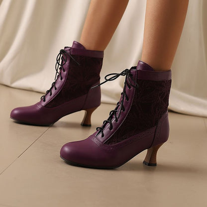 Women's Embroider Lace-Up Round Toe Hoof Heel Ankle Boots