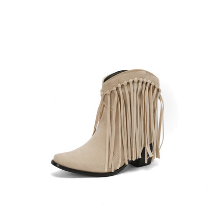 Women's Tassel Pointed Toe Block Heel Short Boots