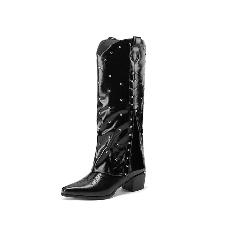 Women's Rivets Block Heel Mid Calf Boots