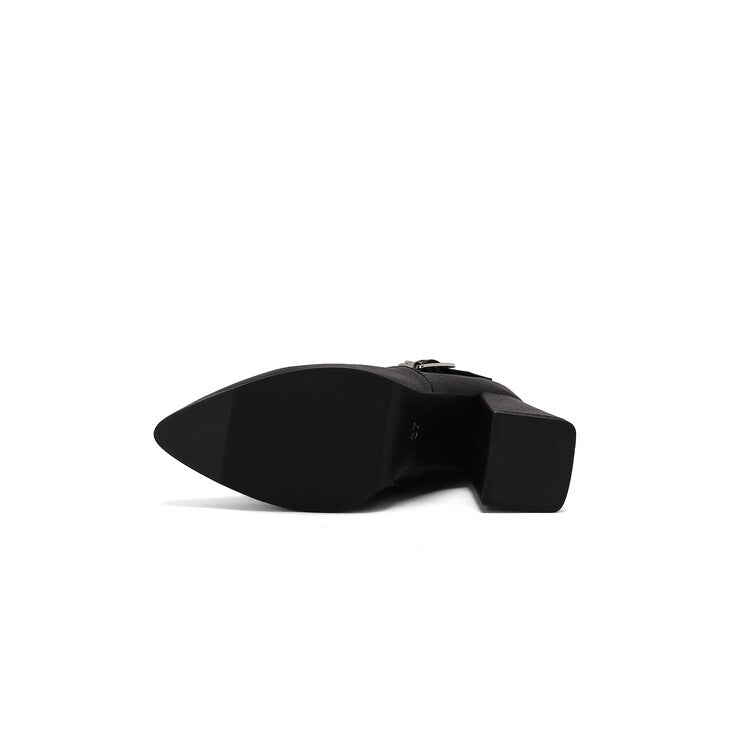 Women's Buckle Strap Pointed Toe Block Heel Ankle Boots