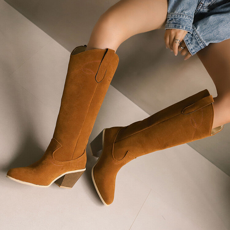 Women's Embroider Pointed Toe Block Heel Knee High Western Boots