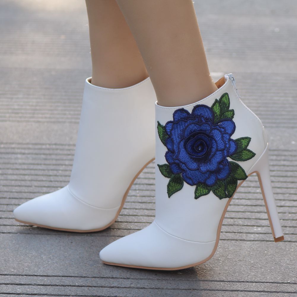 Women Embroidery Roses Stiletto Heel Pointed Toe Wedding Short Boots