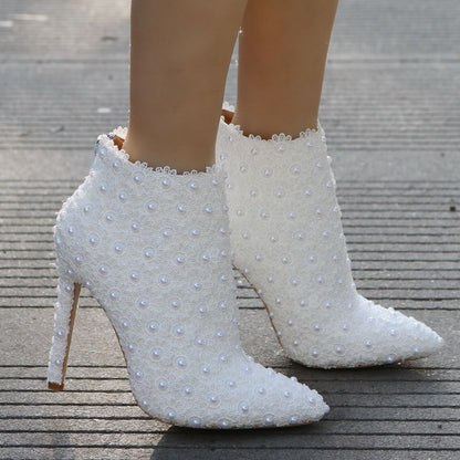 Women Lace Pearl Stiletto Heel Pointed Toe Wedding Short Boots