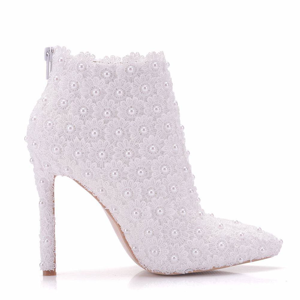 Women Lace Pearl Stiletto Heel Pointed Toe Wedding Short Boots