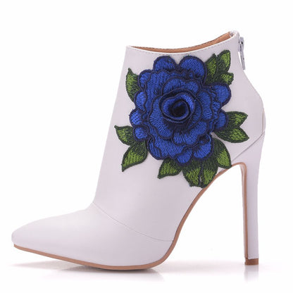 Women Embroidery Roses Stiletto Heel Pointed Toe Wedding Short Boots