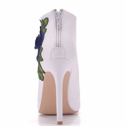 Women Embroidery Roses Stiletto Heel Pointed Toe Wedding Short Boots