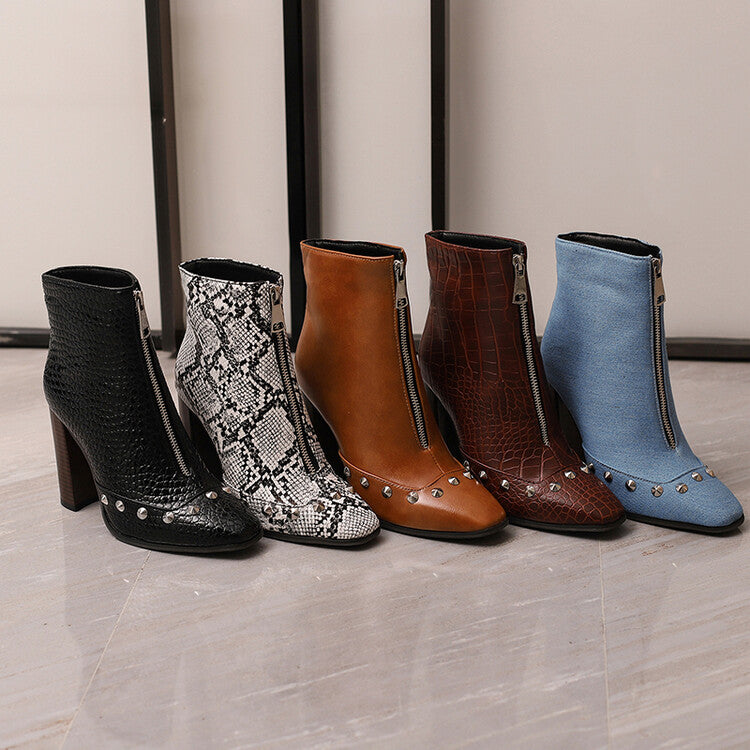 Women's Snake Pattern Rivets Pointed Toe Block Heel Short Boots