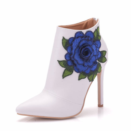 Women Embroidery Roses Stiletto Heel Pointed Toe Wedding Short Boots