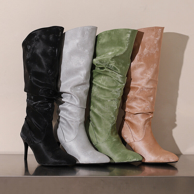 Women's Pleated Pointed Toe Thin Heel Knee High Boots