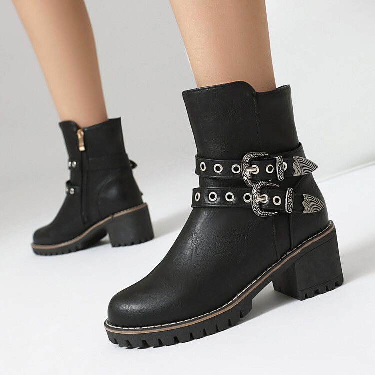 Women's Metal Decor Round Toe Square Heel Platform Short Boots