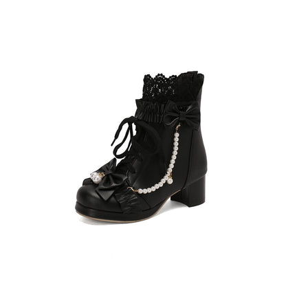 Women's Lace Bows Round Toe Block Heel Platform Ankle Boots