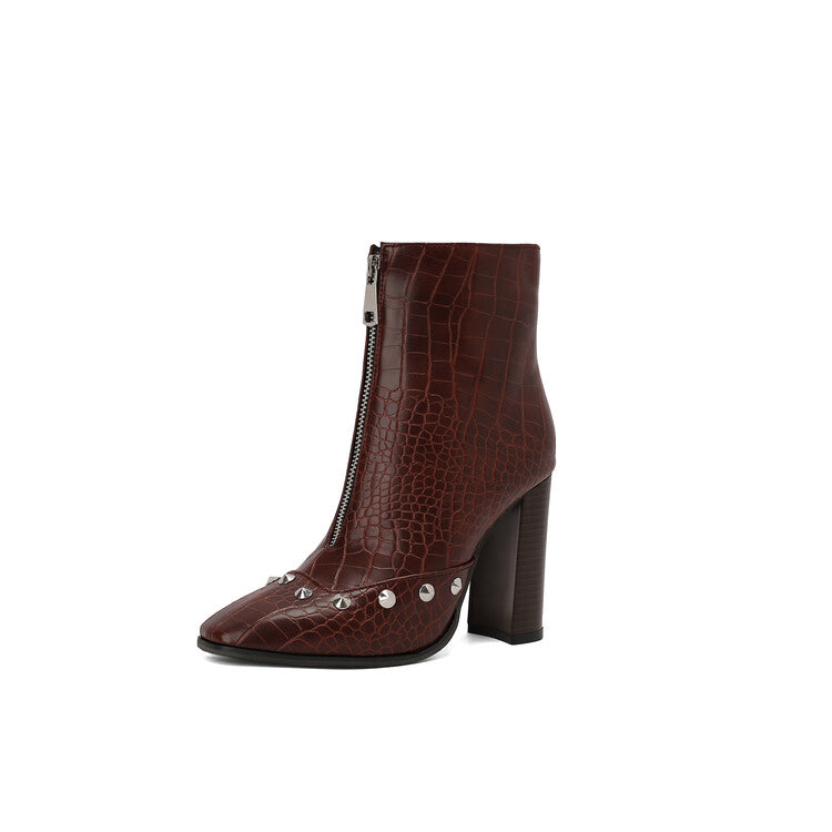 Women's Snake Pattern Rivets Pointed Toe Block Heel Short Boots