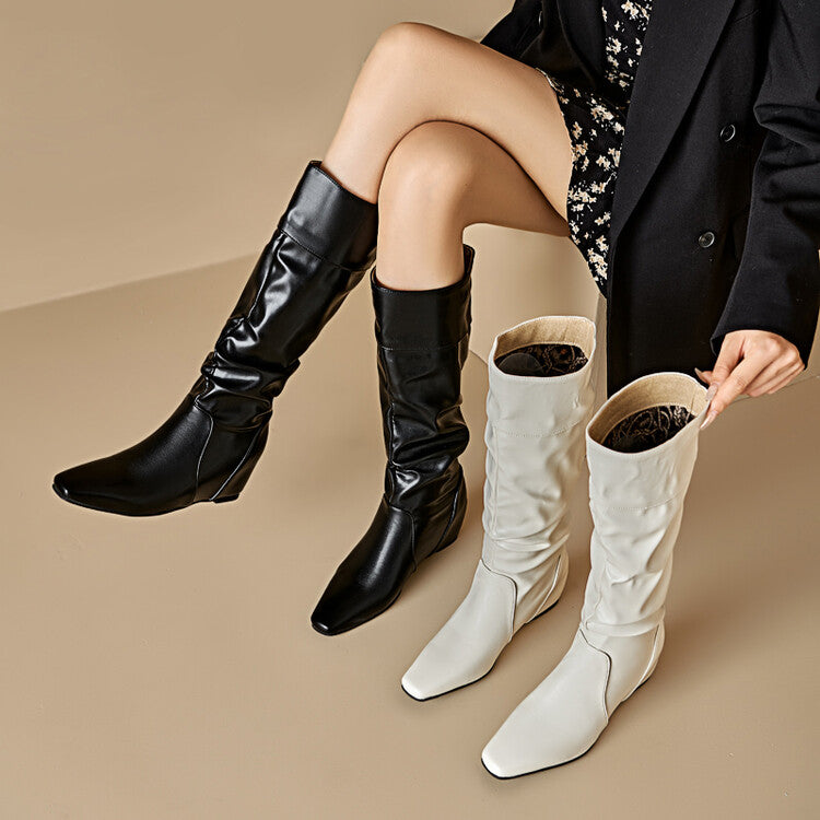 Women's Pleated Square Toe Increased Internal Wedge Heel Knee High Boots