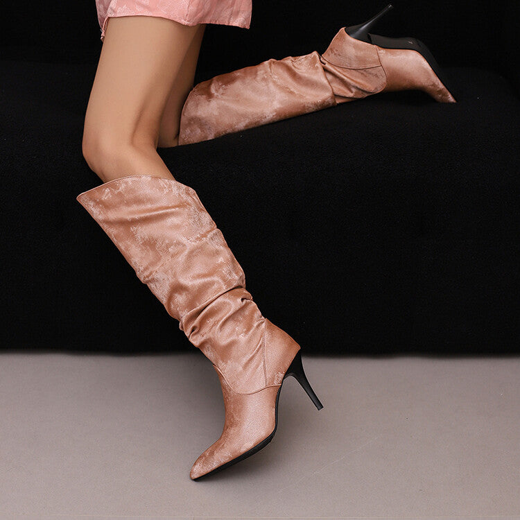 Women's Pleated Pointed Toe Thin Heel Knee High Boots