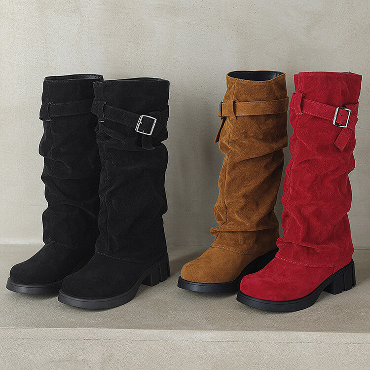 Women's Pleated Buckle Strap Low Heel Platform Mid Calf Boots