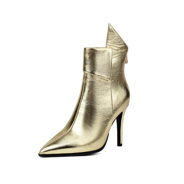 Women's Glossy Pointed Toe Thin Heel Ankle Boots