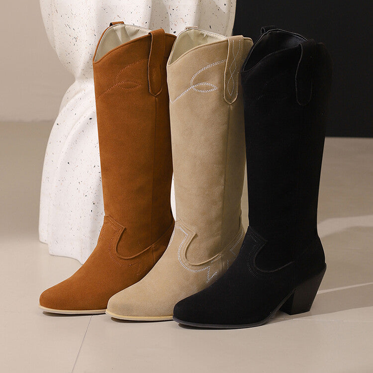 Women's Embroider Pointed Toe Block Heel Knee High Western Boots