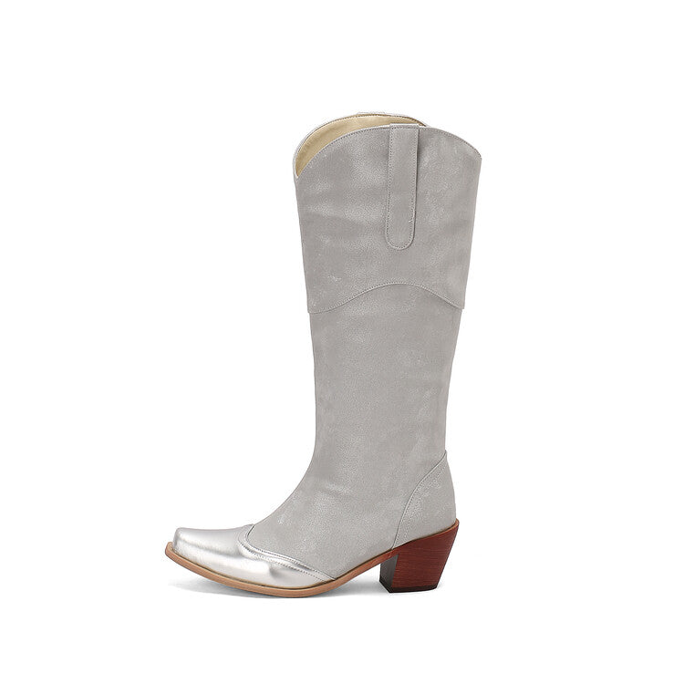 Women's Patchwork Pointed Toe Block Heel Knee High Western Boots