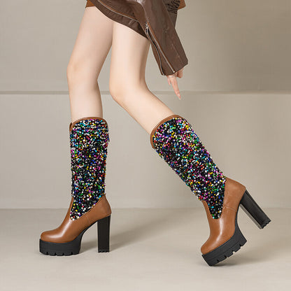 Women's Plush Dots Sequins Platform High Heel Mid Calf Boots