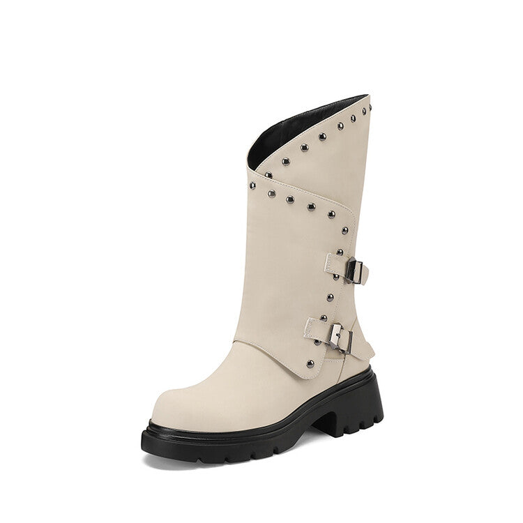 Women's Buckle Belt Rivets Mid Calf Boots