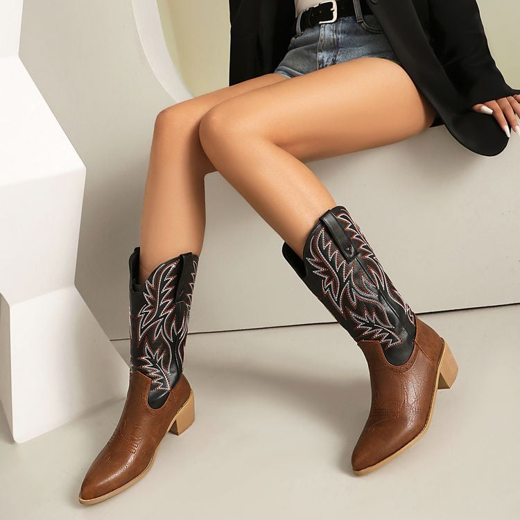 Women's Embroider Pointed Toe Low Heel Mid Calf Western Boots