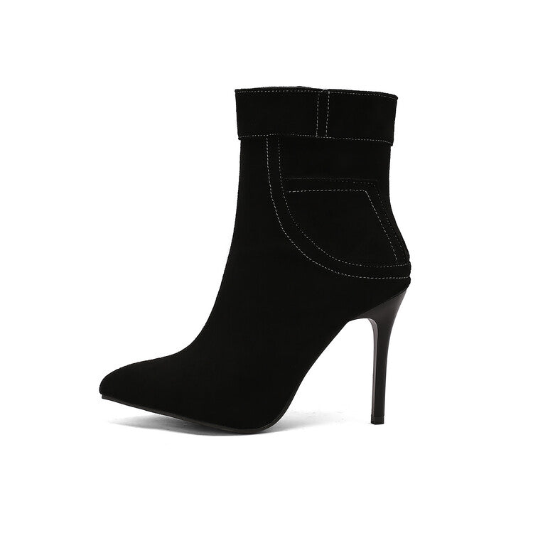 Women's Patchwork Pointed Toe Thin Heel Short Boots