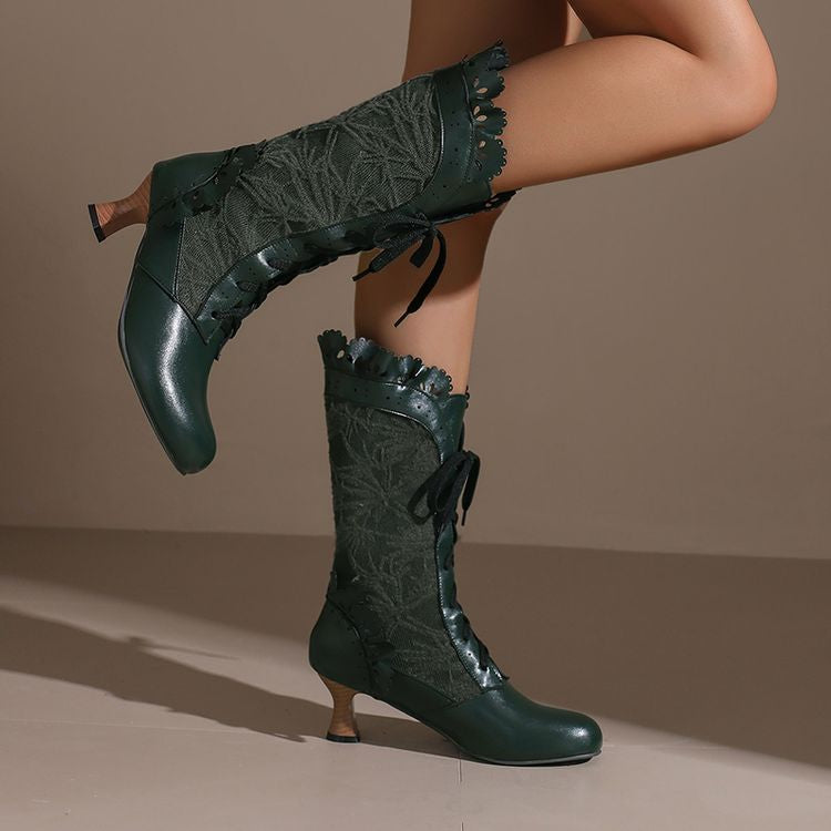Women's Lace Lace-Up Round Toe Hoof Heel Mid Calf Boots