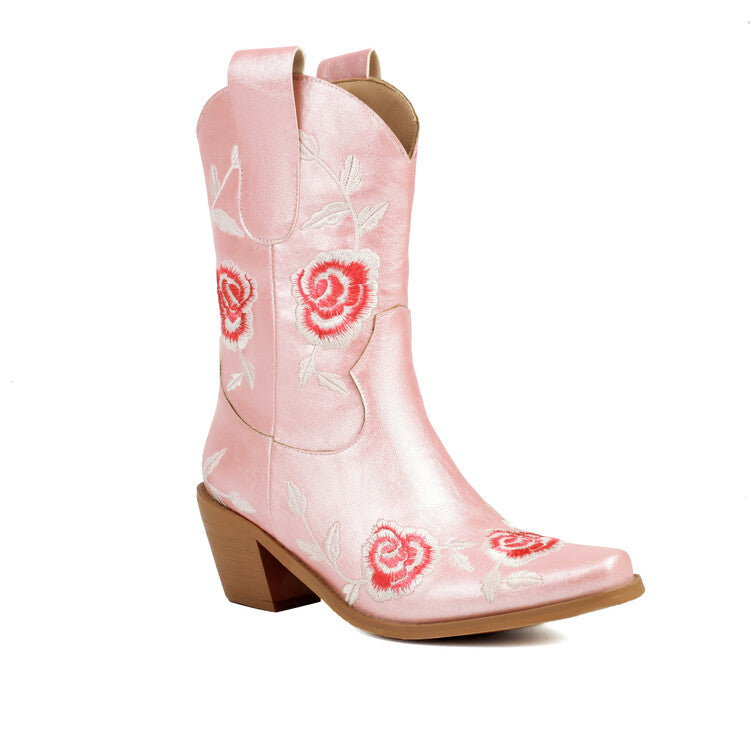 Women's Floral Embroider Square Toe Block Heel Mid Calf Western Boots